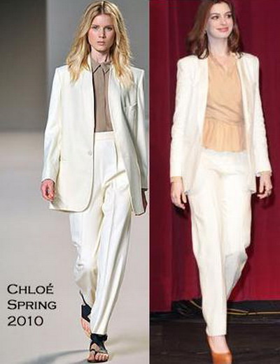 Cui ii vine mai bine costumul Chloe, modelului de pe podium sau actritei Anne Hathaway? FOTO