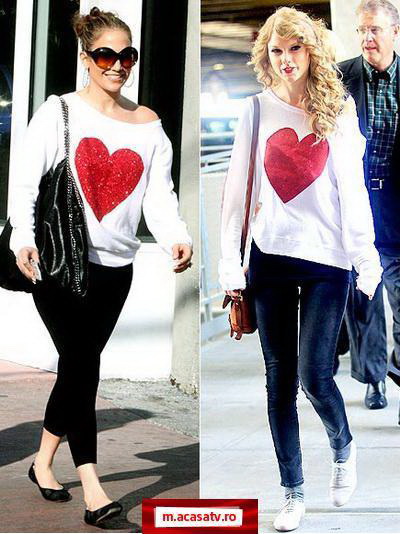 Jennifer Lopez si Taylor Swift in bluze cu inimioare – Cui ii sta mai bine? 