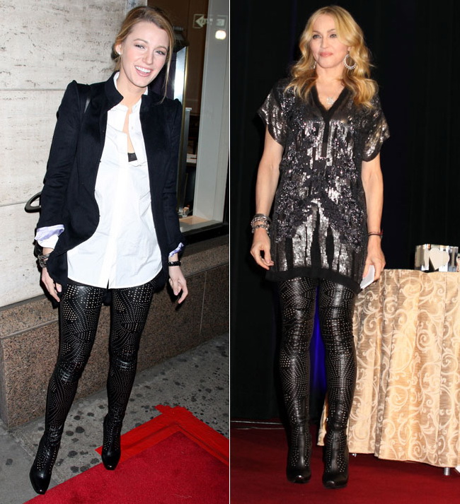 Blake Lively vs. Madonna: Cine a purtat mai bine cizmele inalte din piele, semnate de Stella McCartney?