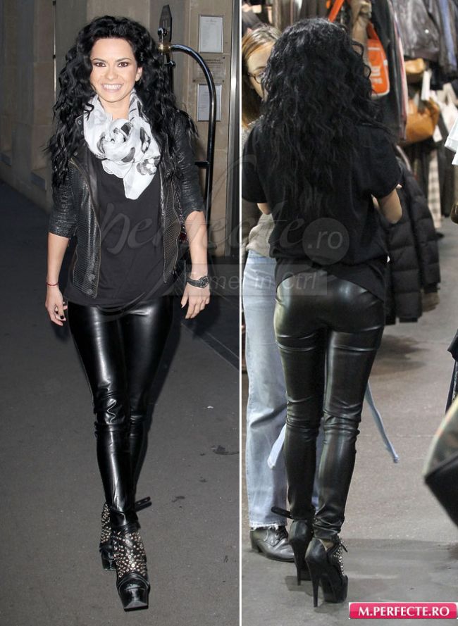Inna la shopping in Paris: sexy in pantaloni de piele si cu tocuri inalte