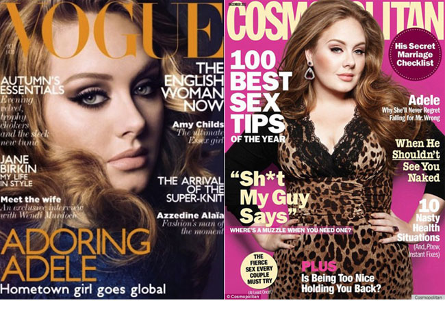 Adele imparte lumea modei in doua tabere. Vogue i-a pus doar fata pe coperta, Cosmopolitan i-a aratat si formele
